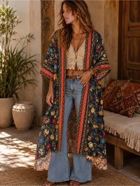 Floral Printed Kimono Cardigan in Navy, Yellow & Red